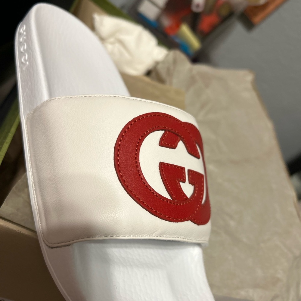 Gucci White Slides with Red Logo